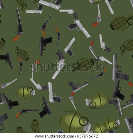 military gun seamless pattern, automatic and hand weapon in magazine barrel with bullets for protection shoting or war texture, handgun for hunting and police equipment background vector illustration