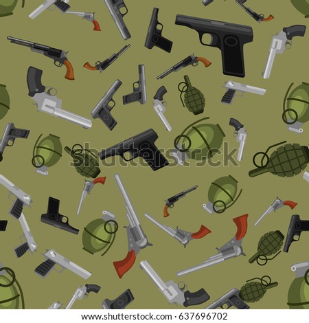 military gun seamless pattern, automatic and hand weapon in magazine barrel with bullets for protection shoting or war texture, handgun for hunting and police equipment background vector illustration