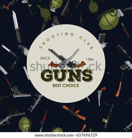 military gun seamless pattern, automatic and hand weapon in magazine barrel with bullets for protection shoting or war texture, handgun for hunting and police equipment background vector illustration