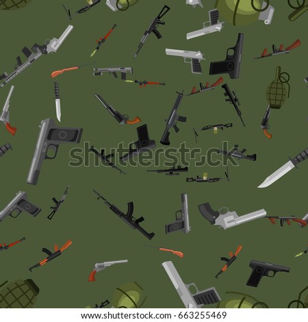 military gun seamless pattern, automatic and hand weapon in magazine barrel with bullets for protection shoting or war texture, handgun for hunting and police equipment background vector illustration