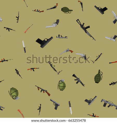 military gun seamless pattern, automatic and hand weapon in magazine barrel with bullets for protection shoting or war texture, handgun for hunting and police equipment background vector illustration