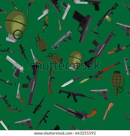 military gun seamless pattern, automatic and hand weapon in magazine barrel with bullets for protection shoting or war texture, handgun for hunting and police equipment background vector illustration
