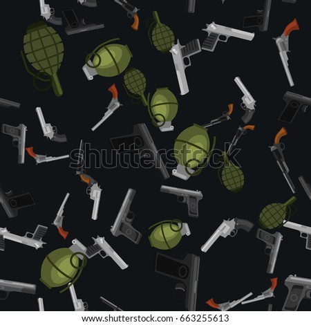 military gun seamless pattern, automatic and hand weapon in magazine barrel with bullets for protection shoting or war texture, handgun for hunting and police equipment background vector illustration
