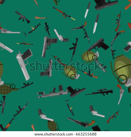 military gun seamless pattern, automatic and hand weapon in magazine barrel with bullets for protection shoting or war texture, handgun for hunting and police equipment background vector illustration