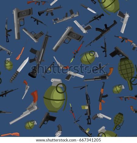 military gun seamless pattern, automatic and hand weapon in magazine barrel with bullets for protection shoting or war texture, handgun for hunting and police equipment background vector illustration
