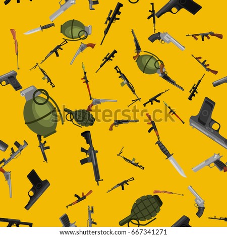 military gun seamless pattern, automatic and hand weapon in magazine barrel with bullets for protection shoting or war texture, handgun for hunting and police equipment background vector illustration