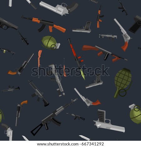 military gun seamless pattern, automatic and hand weapon in magazine barrel with bullets for protection shoting or war texture, handgun for hunting and police equipment background vector illustration
