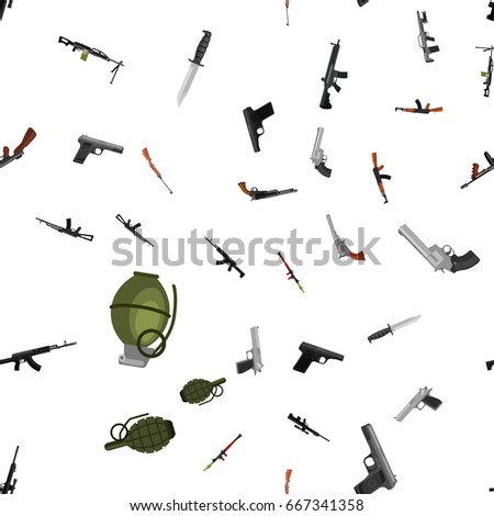 military gun seamless pattern, automatic and hand weapon in magazine barrel with bullets for protection shoting or war texture, handgun for hunting and police equipment background vector illustration