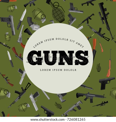 military gun seamless pattern, automatic and hand weapon in magazine barrel with bullets for protection shoting or war texture, handgun for hunting and police equipment background vector illustration