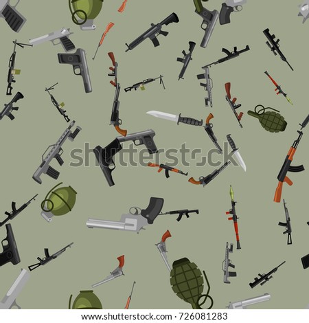 military gun seamless pattern, automatic and hand weapon in magazine barrel with bullets for protection shoting or war texture, handgun for hunting and police equipment background vector illustration