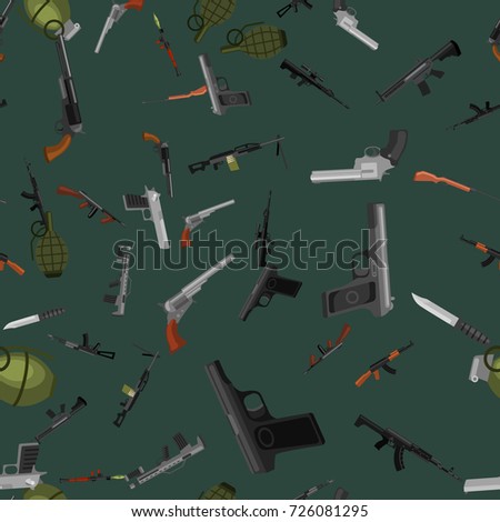 military gun seamless pattern, automatic and hand weapon in magazine barrel with bullets for protection shoting or war texture, handgun for hunting and police equipment background vector illustration