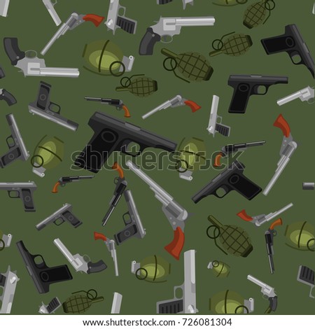 military gun seamless pattern, automatic and hand weapon in magazine barrel with bullets for protection shoting or war texture, handgun for hunting and police equipment background vector illustration