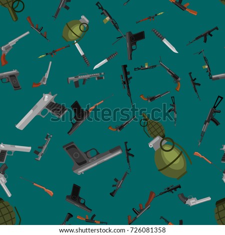 military gun seamless pattern, automatic and hand weapon in magazine barrel with bullets for protection shoting or war texture, handgun for hunting and police equipment background vector illustration