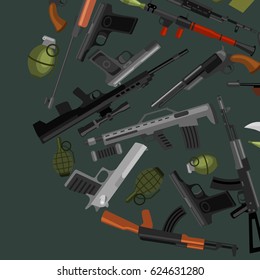 military gun set, automatic and hand weapon in magazine barrel with bullets for protection shoting or war collection, handgun for hunting equipment, ammunition background vector illustration