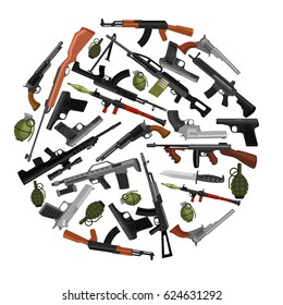 military gun set, automatic and hand weapon in magazine barrel with bullets for protection shoting or war collection, handgun for hunting equipment, ammunition background vector illustration