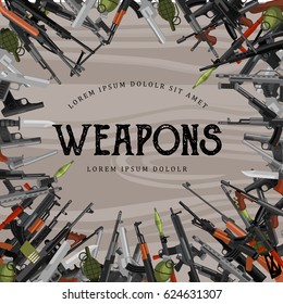 military gun set, automatic and hand weapon in magazine barrel with bullets for protection shoting or war collection, handgun for hunting equipment, ammunition background vector illustration