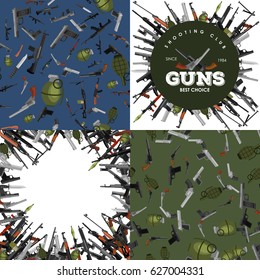 military gun set, automatic and hand weapon in magazine barrel with bullets for protection shoting or war collection, handgun for hunting equipment, ammunition background vector illustration
