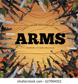 military gun set, automatic and hand weapon in magazine barrel with bullets for protection shoting or war collection, handgun for hunting equipment, ammunition background vector illustration