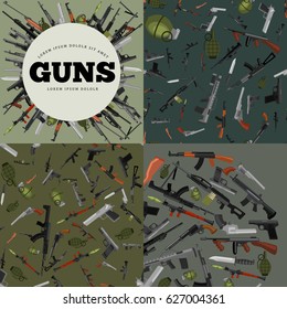 military gun set, automatic and hand weapon in magazine barrel with bullets for protection shoting or war collection, handgun for hunting equipment, ammunition background vector illustration