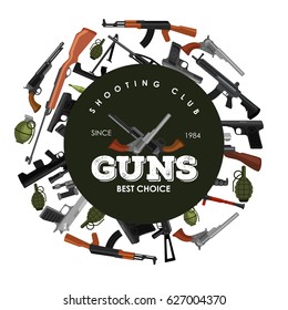 military gun set, automatic and hand weapon in magazine barrel with bullets for protection shoting or war collection, handgun for hunting equipment, ammunition background vector illustration