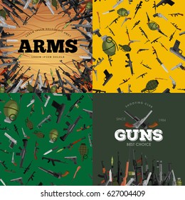 military gun set, automatic and hand weapon in magazine barrel with bullets for protection shoting or war collection, handgun for hunting equipment, ammunition background vector illustration