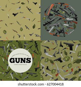 military gun set, automatic and hand weapon in magazine barrel with bullets for protection shoting or war collection, handgun for hunting equipment, ammunition background vector illustration