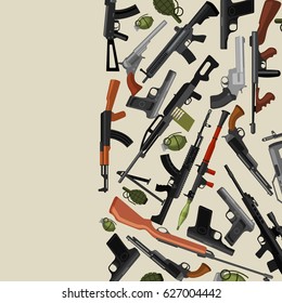 military gun set, automatic and hand weapon in magazine barrel with bullets for protection shoting or war collection, handgun for hunting equipment, ammunition background vector illustration