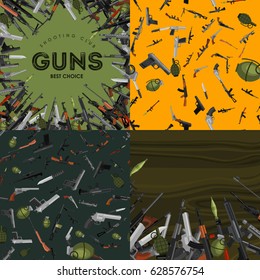 military gun set, automatic and hand weapon in magazine barrel with bullets for protection shoting or war collection, handgun for hunting equipment, ammunition background vector illustration