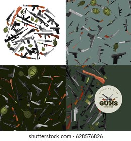 military gun set, automatic and hand weapon in magazine barrel with bullets for protection shoting or war collection, handgun for hunting equipment, ammunition background vector illustration