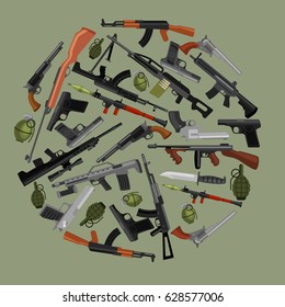 military gun set, automatic and hand weapon in magazine barrel with bullets for protection shoting or war collection, handgun for hunting equipment, ammunition background vector illustration