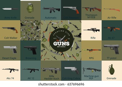 military gun set, automatic and hand weapon in magazine barrel with bullets for protection shoting or war collection, handgun for hunting equipment, ammunition background vector illustration