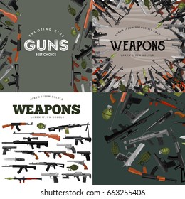 military gun set, automatic and hand weapon in magazine barrel with bullets for protection shoting or war collection, handgun for hunting equipment, ammunition background vector illustration