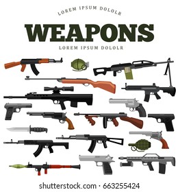 military gun set, automatic and hand weapon in magazine barrel with bullets for protection shoting or war collection, handgun for hunting equipment, ammunition background vector illustration