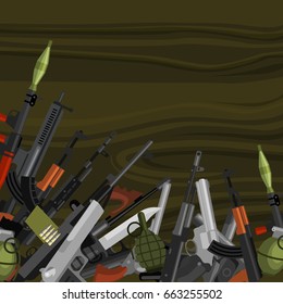 military gun set, automatic and hand weapon in magazine barrel with bullets for protection shoting or war collection, handgun for hunting equipment, ammunition background vector illustration