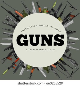 military gun set, automatic and hand weapon in magazine barrel with bullets for protection shoting or war collection, handgun for hunting equipment, ammunition background vector illustration
