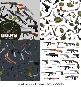 military gun set, automatic and hand weapon in magazine barrel with bullets for protection shoting or war collection, handgun for hunting equipment, ammunition background vector illustration