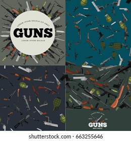 military gun set, automatic and hand weapon in magazine barrel with bullets for protection shoting or war collection, handgun for hunting equipment, ammunition background vector illustration