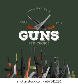 military gun set, automatic and hand weapon in magazine barrel with bullets for protection shoting or war collection, handgun for hunting equipment, ammunition background vector illustration
