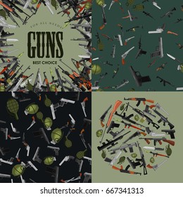 military gun set, automatic and hand weapon in magazine barrel with bullets for protection shoting or war collection, handgun for hunting equipment, ammunition background vector illustration