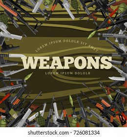 military gun set, automatic and hand weapon in magazine barrel with bullets for protection shoting or war collection, handgun for hunting equipment, ammunition background vector illustration