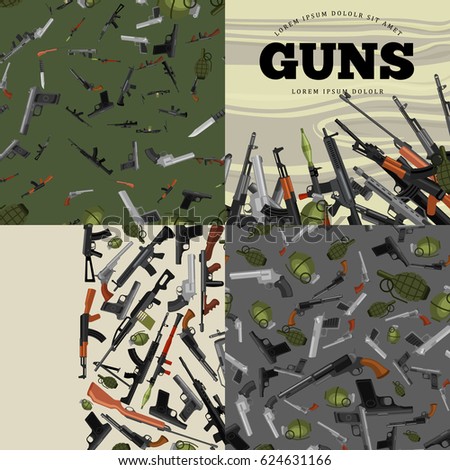 military gun set, automatic and hand weapon in magazine barrel with bullets for protection shoting or war collection, handgun for hunting equipment, ammunition background vector illustration