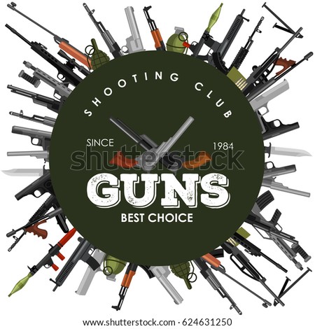 military gun set, automatic and hand weapon in magazine barrel with bullets for protection shoting or war collection, handgun for hunting equipment, ammunition background vector illustration