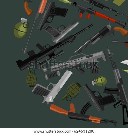 military gun set, automatic and hand weapon in magazine barrel with bullets for protection shoting or war collection, handgun for hunting equipment, ammunition background vector illustration