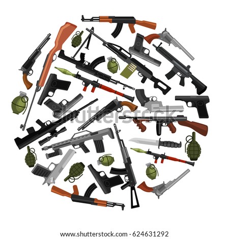 military gun set, automatic and hand weapon in magazine barrel with bullets for protection shoting or war collection, handgun for hunting equipment, ammunition background vector illustration