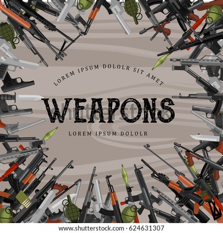 military gun set, automatic and hand weapon in magazine barrel with bullets for protection shoting or war collection, handgun for hunting equipment, ammunition background vector illustration
