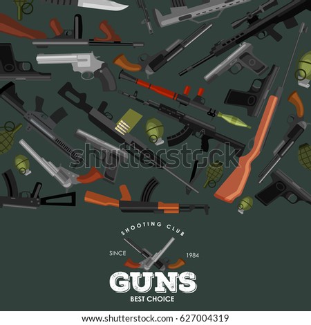 military gun set, automatic and hand weapon in magazine barrel with bullets for protection shoting or war collection, handgun for hunting equipment, ammunition background vector illustration