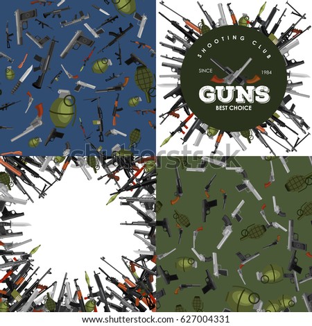 military gun set, automatic and hand weapon in magazine barrel with bullets for protection shoting or war collection, handgun for hunting equipment, ammunition background vector illustration