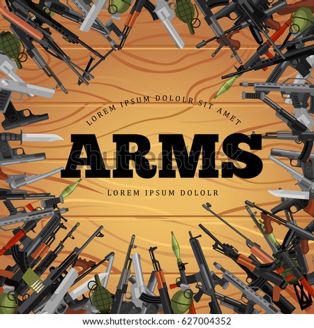 military gun set, automatic and hand weapon in magazine barrel with bullets for protection shoting or war collection, handgun for hunting equipment, ammunition background vector illustration