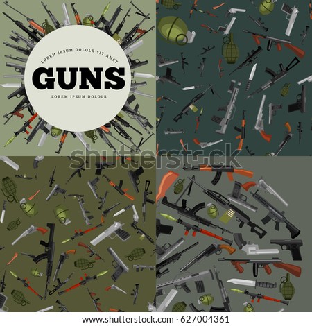 military gun set, automatic and hand weapon in magazine barrel with bullets for protection shoting or war collection, handgun for hunting equipment, ammunition background vector illustration