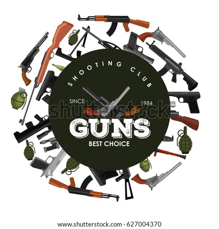 military gun set, automatic and hand weapon in magazine barrel with bullets for protection shoting or war collection, handgun for hunting equipment, ammunition background vector illustration